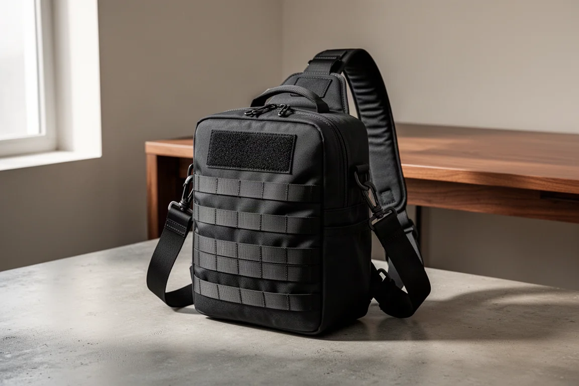 Czarna torba typu sling Atlas Sling Pro na betonowej powierzchni
