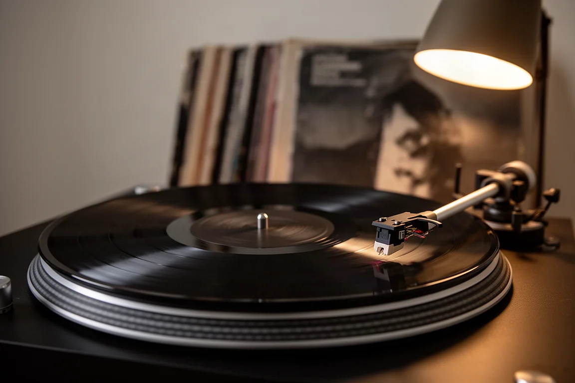 Vinyl record spinning on a turntable platter with warm lamplight and blurred record sleeves behind