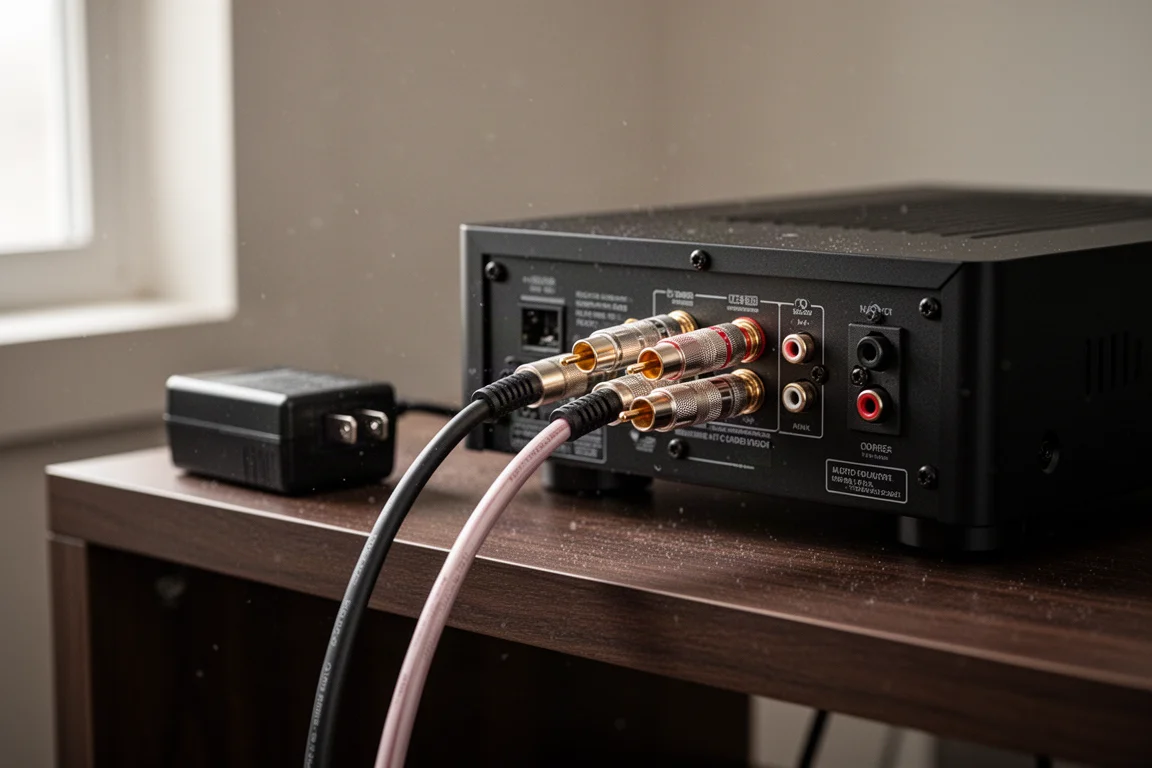 RCA cables plugged into the rear panel of a compact black audio component beside a small power supply