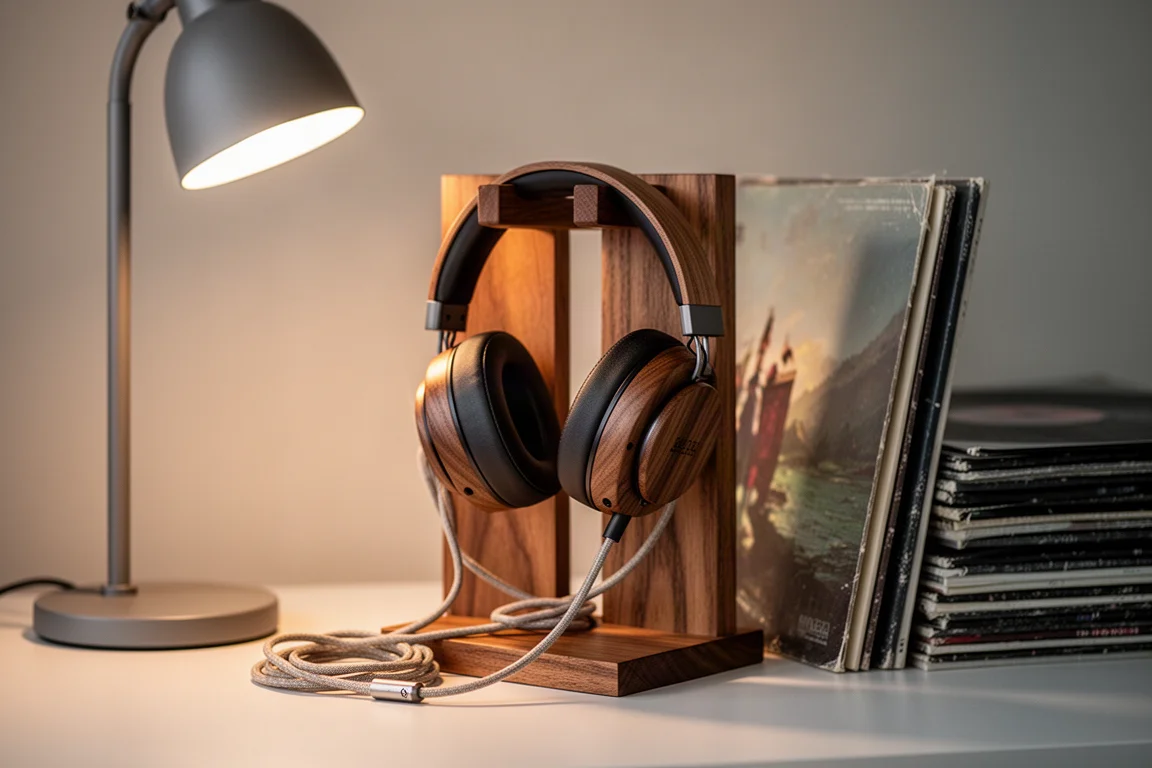 Open-back wooden headphone resting on a wooden stand beside a lamp and stacked vinyl records