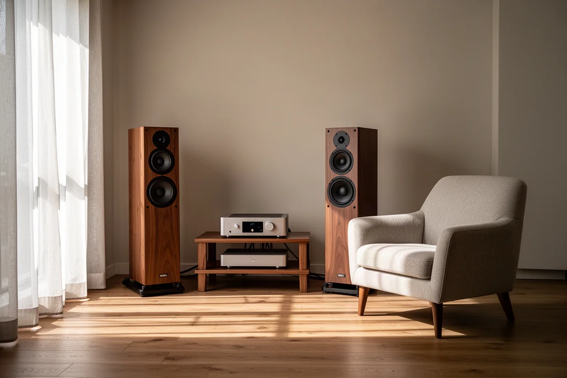 Quiet listening room corner with floorstanding speakers, a small amplifier, and an armchair in afternoon light