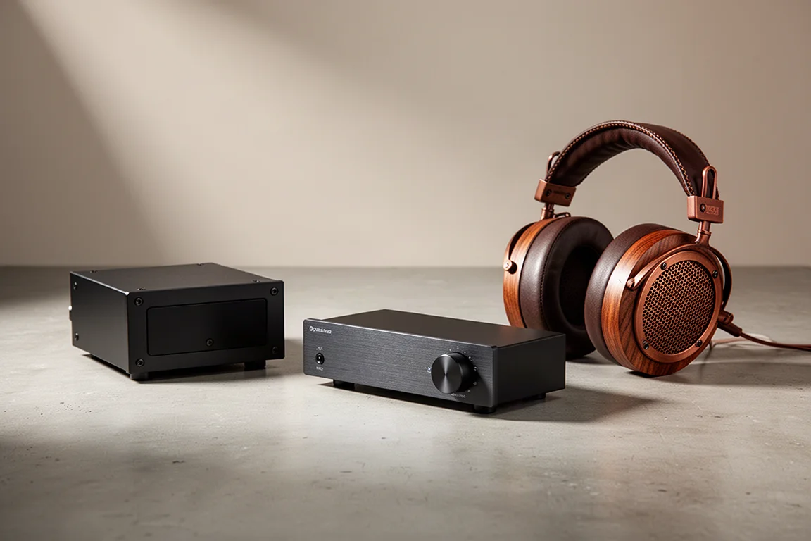 Compact phono preamp, slim desktop DAC, and open-back wooden headphone arranged on concrete
