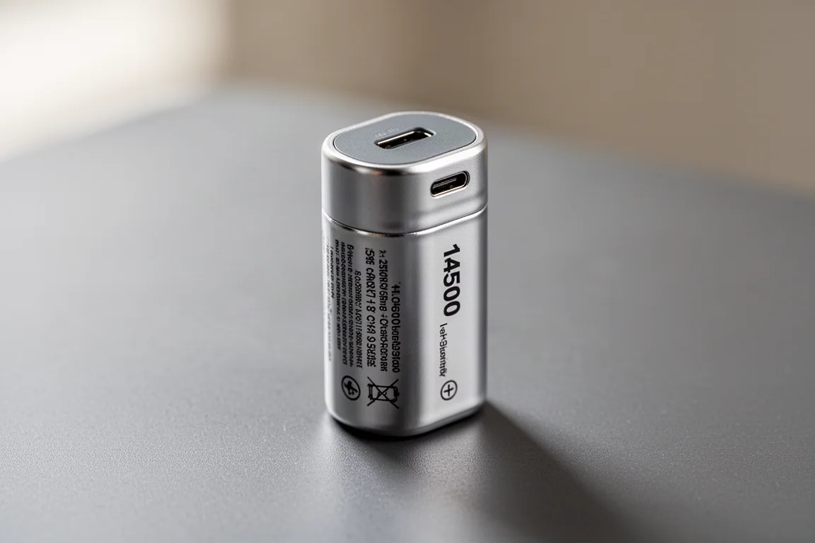 Närbild på ett 14500-batteri med inbyggd USB-C-laddningsport