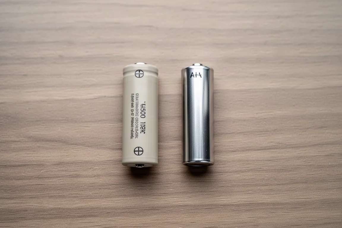 Akumulator 14500 ładowany przez USB-C obok standardowej alkalicznej baterii AA na drewnianym biurku