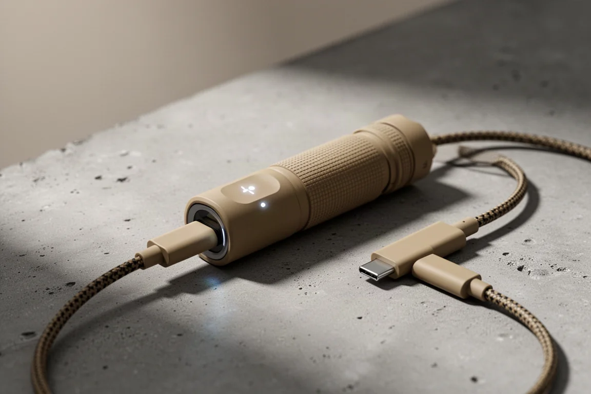 Ficklampa laddas via en liten USB-C-port i höljet