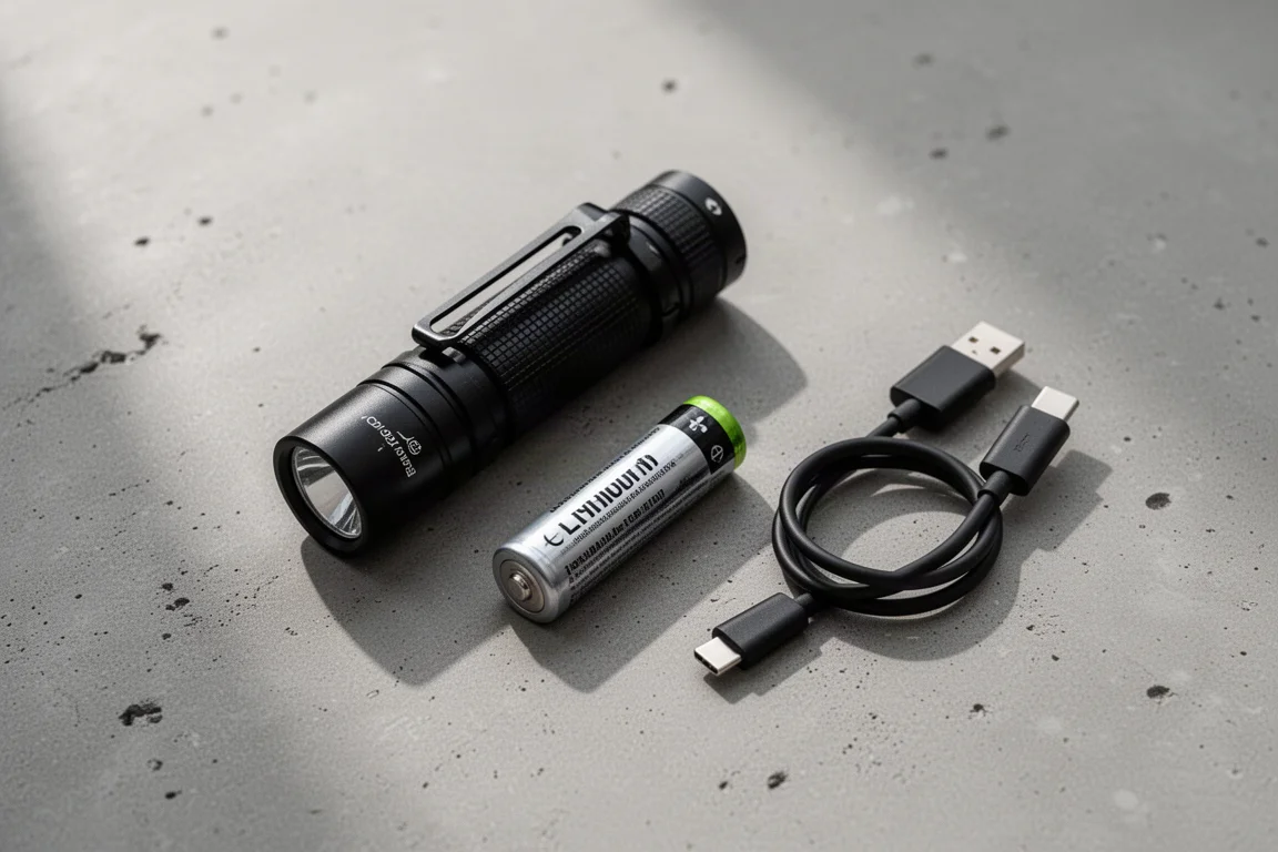 Compact EDC flashlight lying on a desk next to an AA battery and USB-C cable