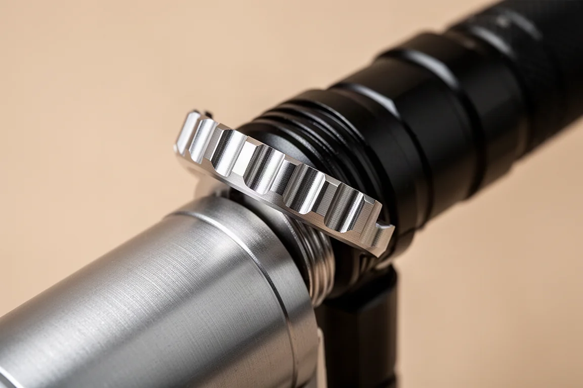 Close-up of a crenellated stainless steel bezel threaded onto the front of a small flashlight