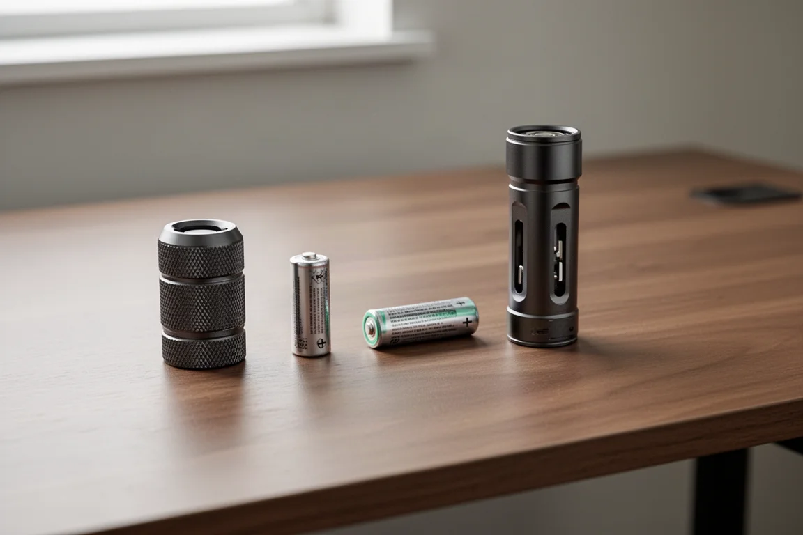 Flashlight disassembled into tail cap, battery, and center column on a neutral surface