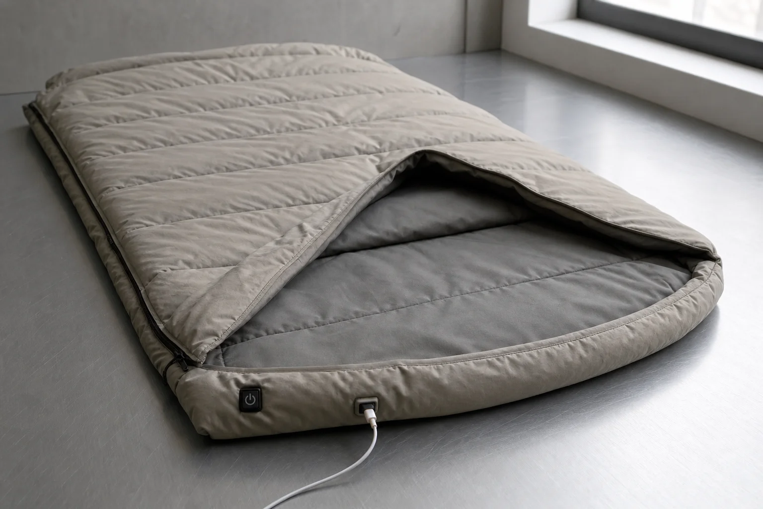 Five heated sleeping bags in various styles arranged on concrete surface