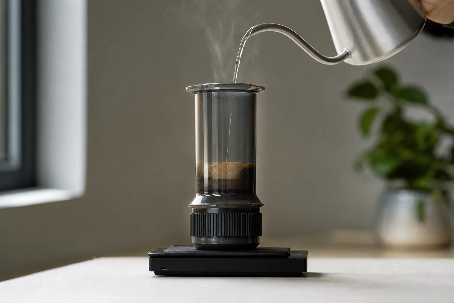 Versamento di acqua calda in una AeroPress con accessorio Prismo su una bilancia
