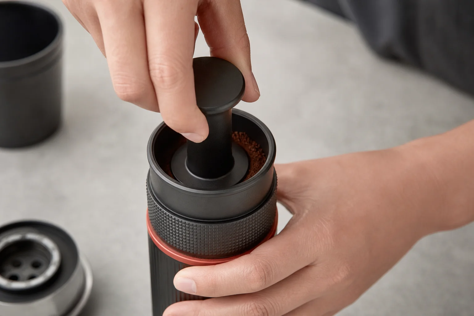 Mani che pressano il caffè macinato nella camera di infusione del Cafflano Kompresso