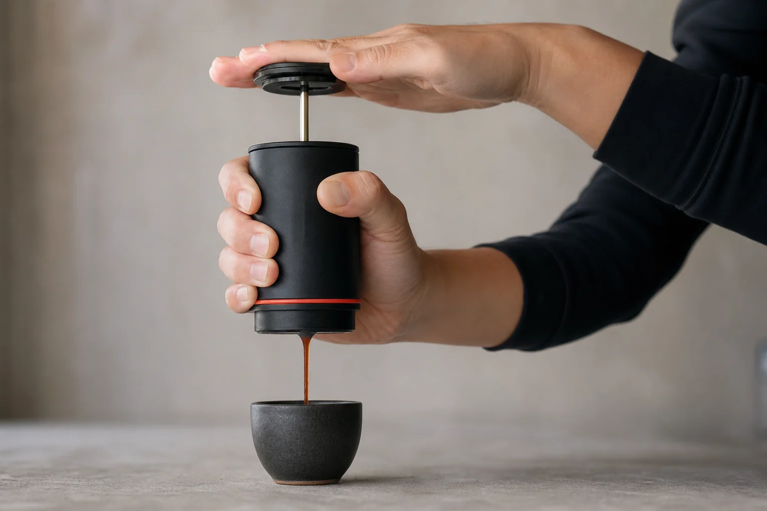 Pressione dello stantuffo su un Cafflano Kompresso durante l'estrazione