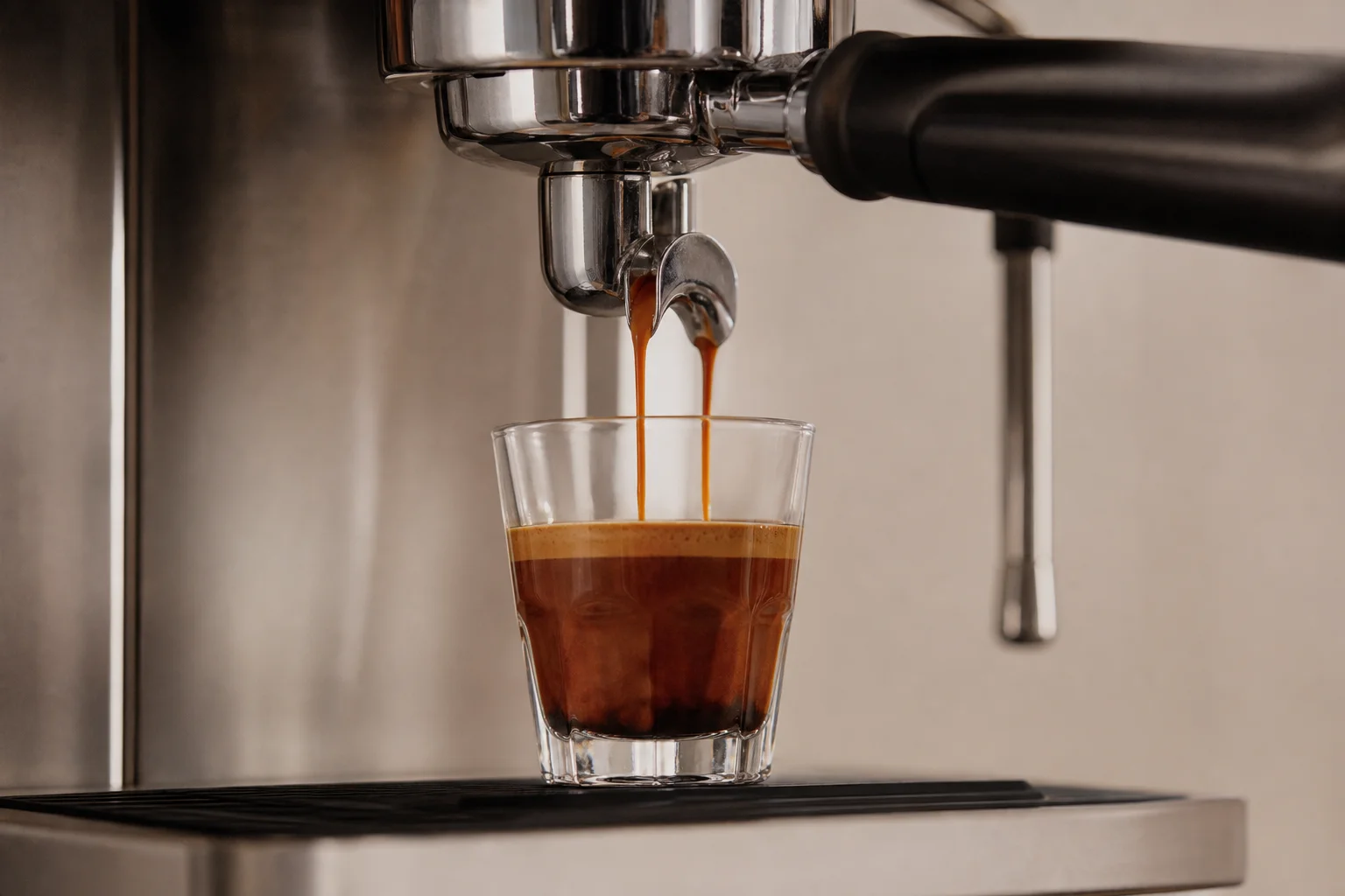 Espresso pouring into a glass with rich amber color and crema layer