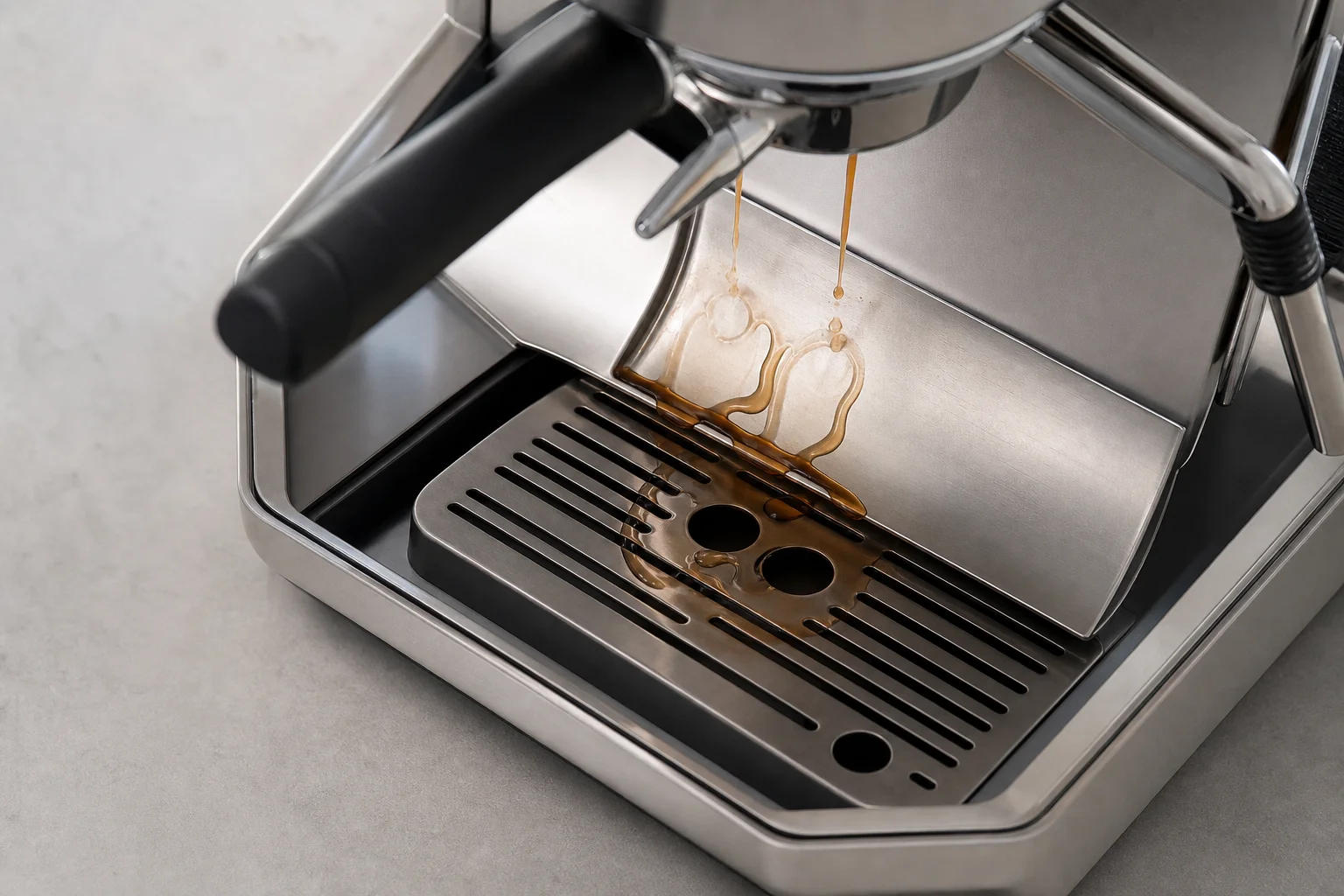 Espresso machine drip tray with splash guard design and liquid flowing into collection area
