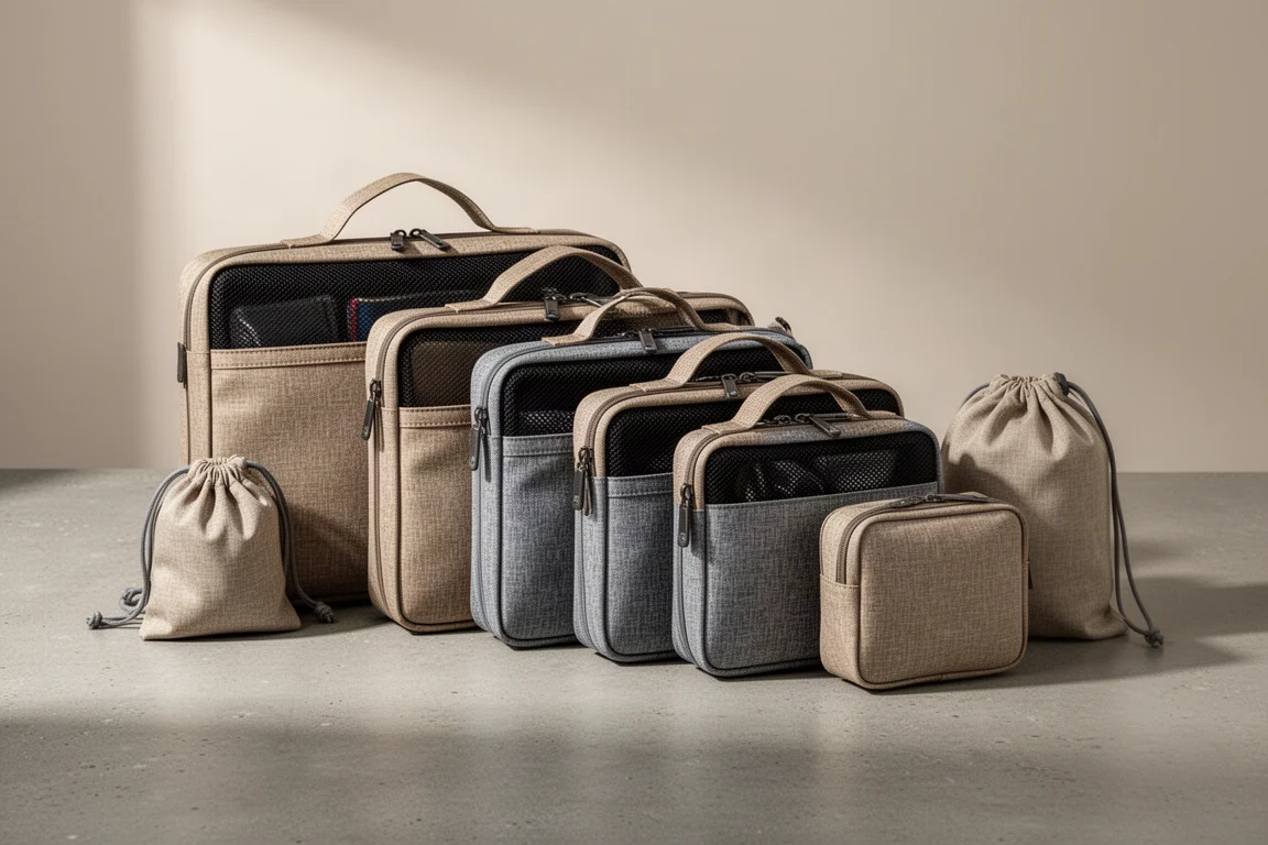 Six mesh-topped kit bags in stepped sizes with a drawstring sack on a concrete surface