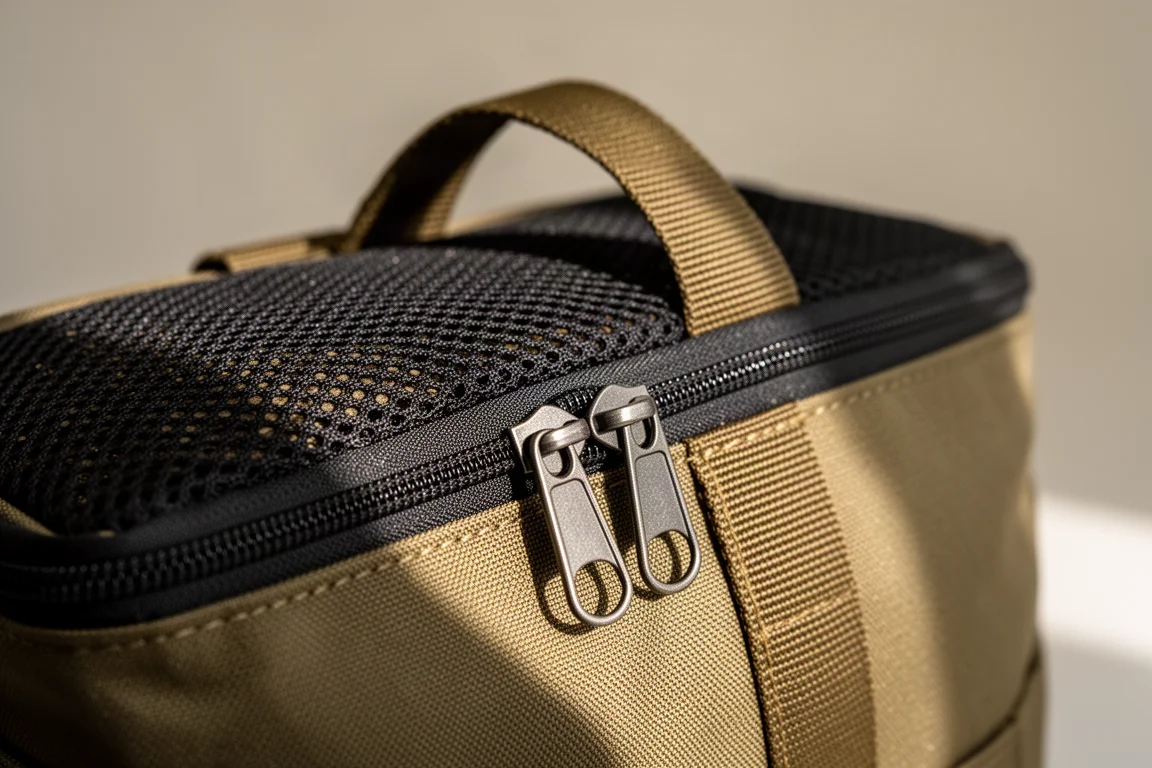 Primo piano di una zip a doppio corsoio, pannello in mesh e tessuto cucito su una borsa morbida per attrezzatura