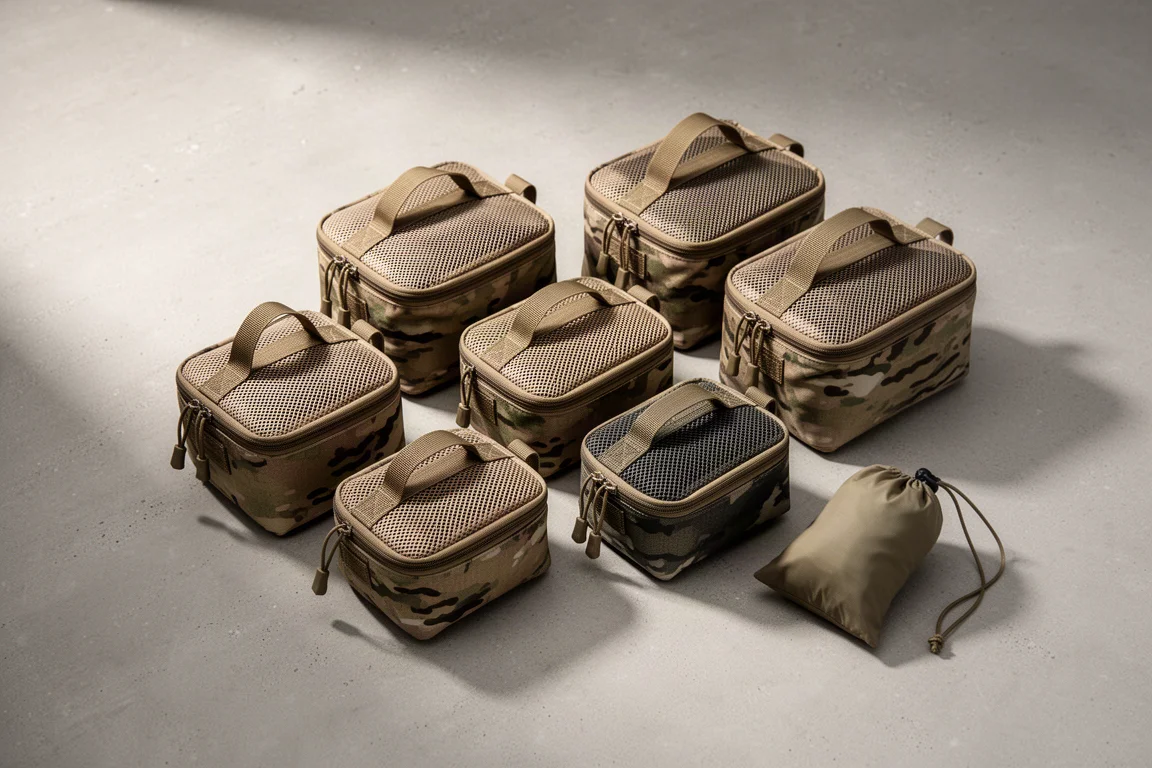 Six earth-tone packing kit bags with mesh tops arranged on a concrete surface