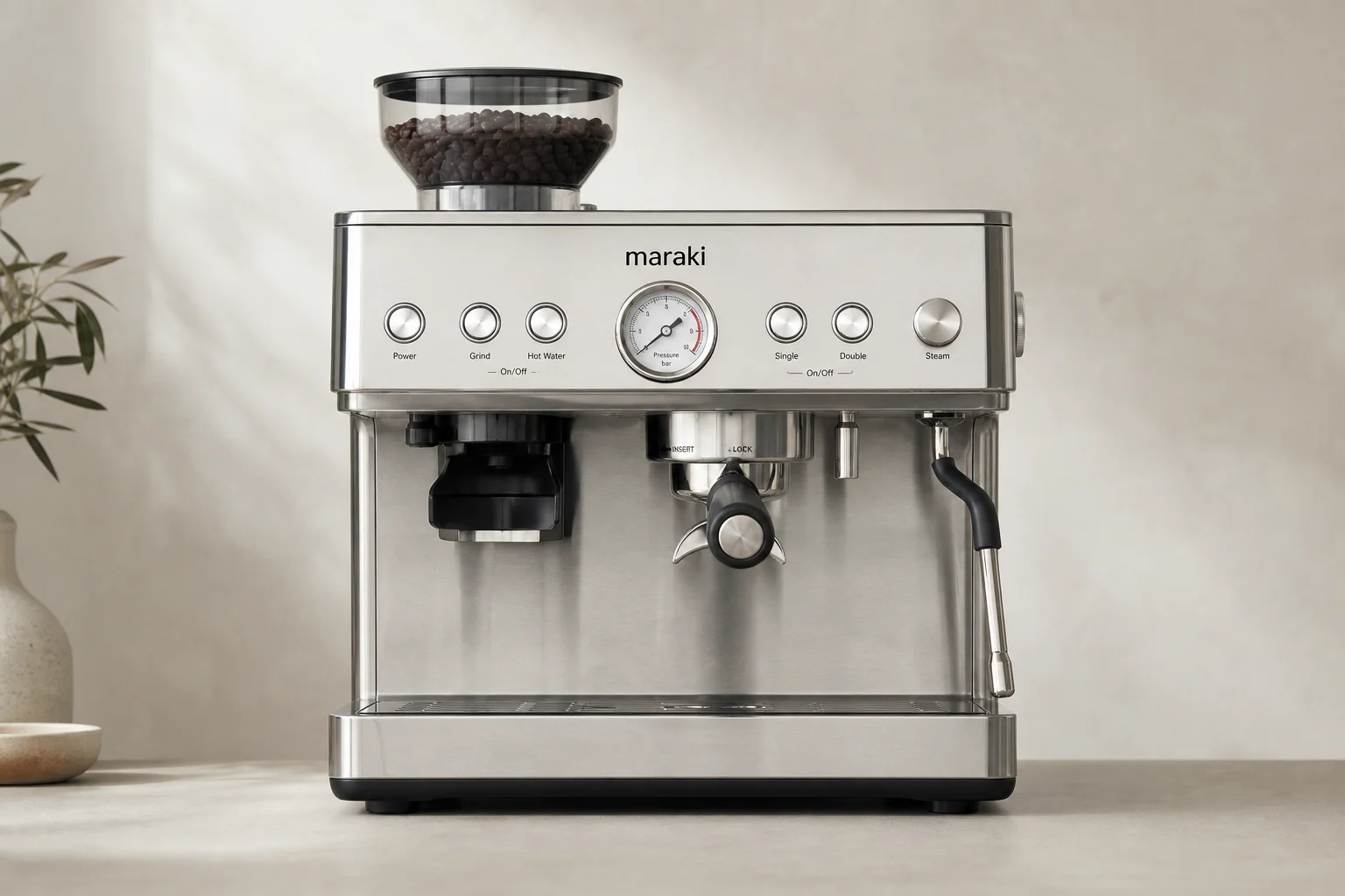 Collezione di 14 moderne attrezzature per il caffè su sfondo neutro