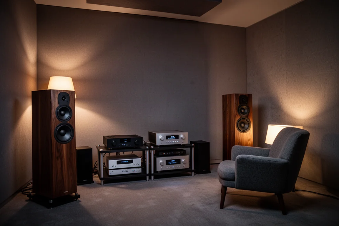 Dimly lit listening room at dusk with floorstanding speakers and a rack of hi-fi components