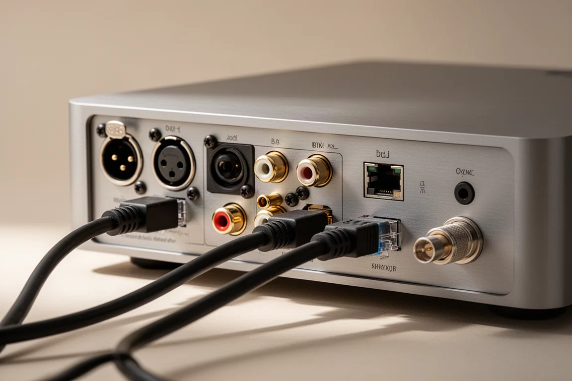 Close-up of rear panel connectors and cables on a high-end audio streamer