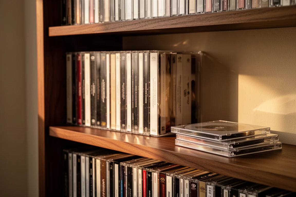 Warm shelf of compact discs and SACD cases in a wooden cabinet with evening light