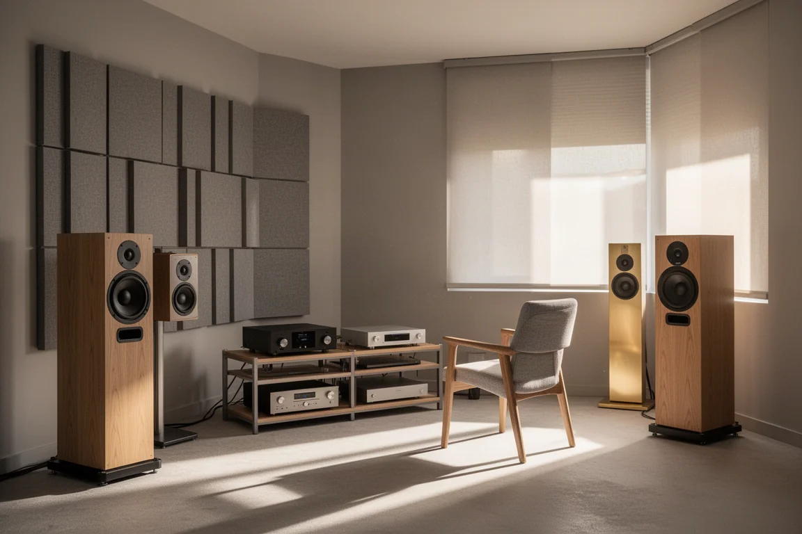 Treated listening room with acoustic panels, stand-mounted speakers and a single chair