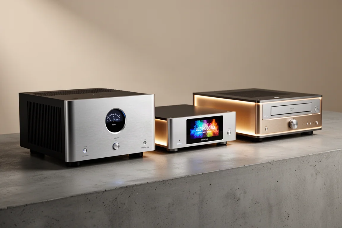 Three high-end Marantz audio components arranged on a concrete surface in soft studio light