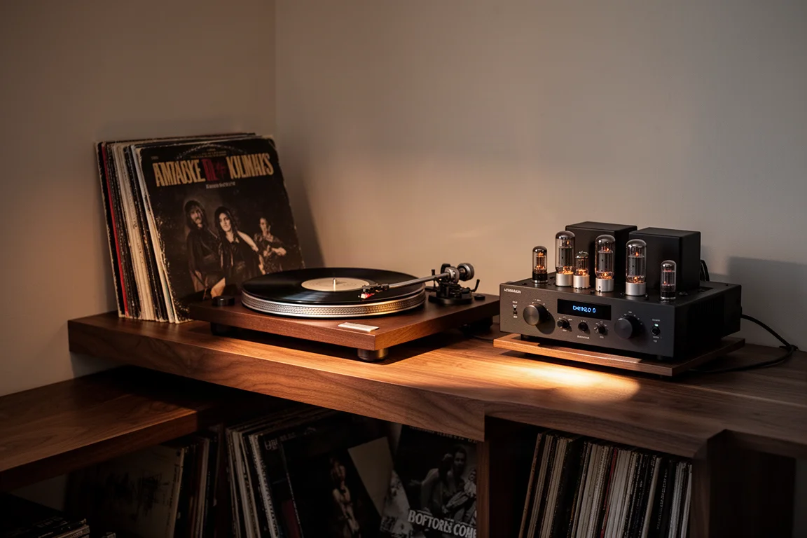 Vintage hi-fi system in a warm listening room with a turntable and tube preamplifier on a wooden shelf