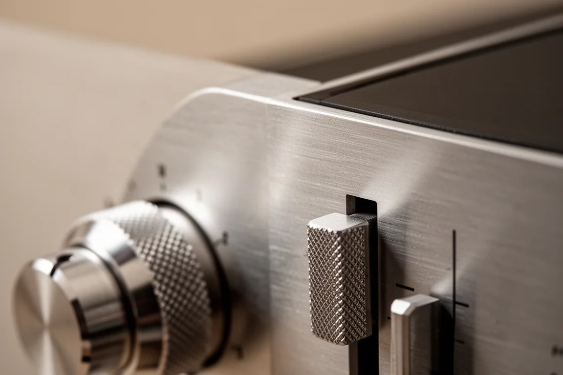 Close-up detail of vintage preamplifier knobs and slider controls on a metal front panel