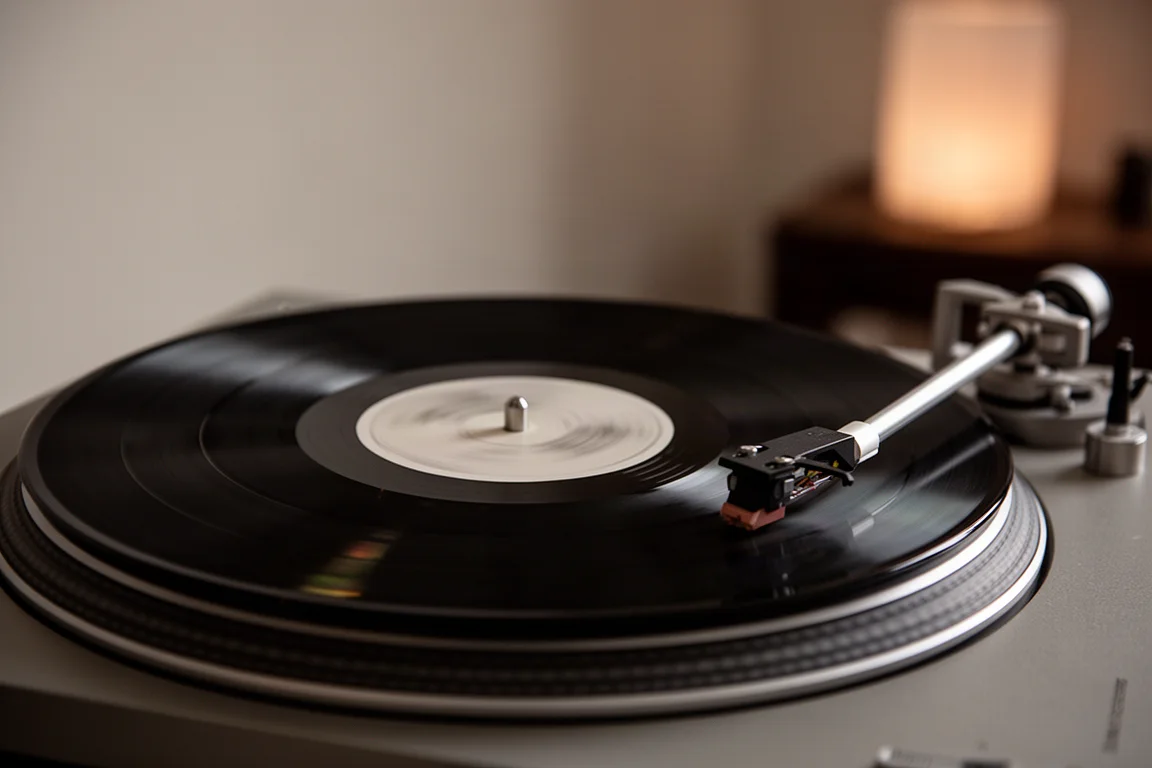 Vinyl record spinning on a turntable platter with the tonearm lowered in a dim room