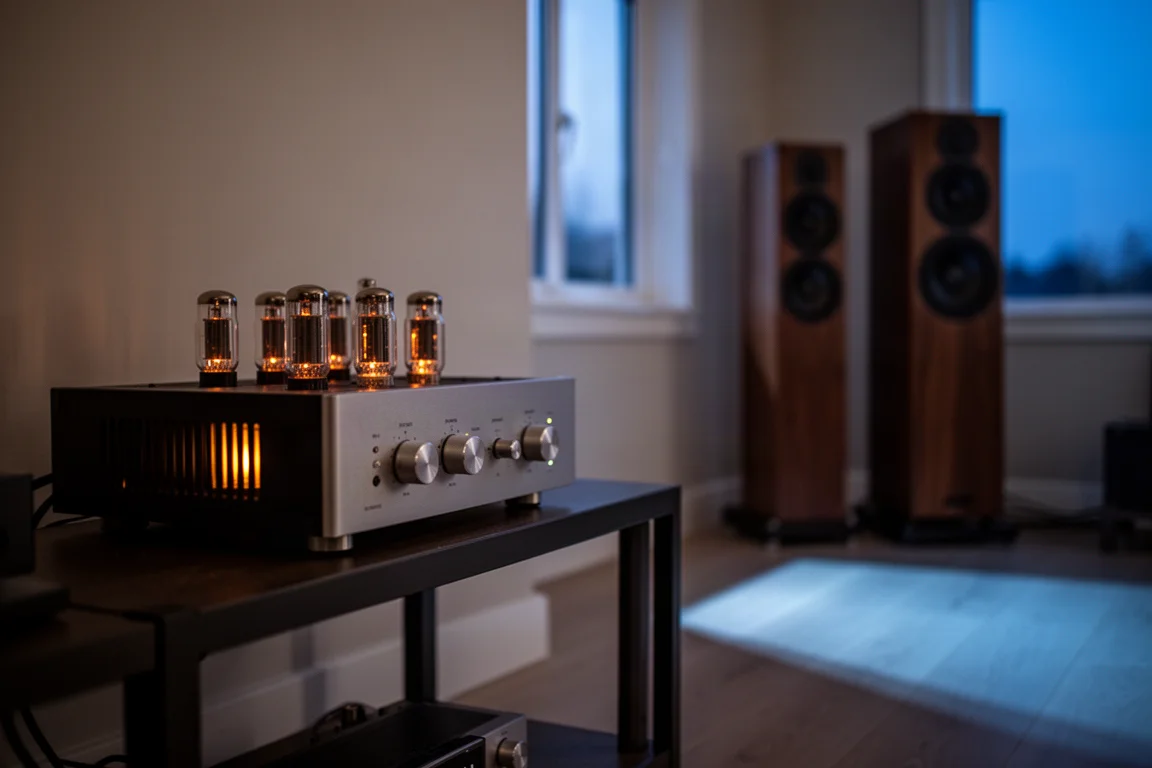 Vintage tube amplifier glowing softly on a shelf in a quiet evening listening room