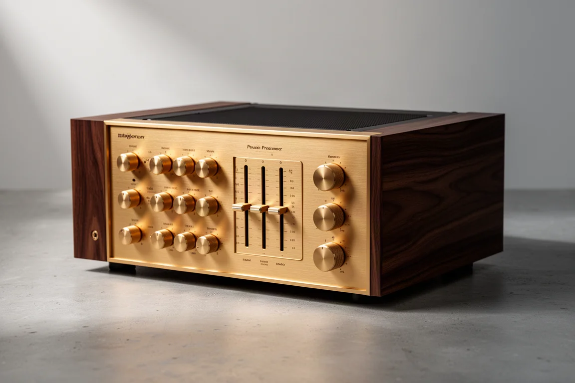 Vintage tube stereo preamplifier with gold front panel and walnut cabinet on concrete