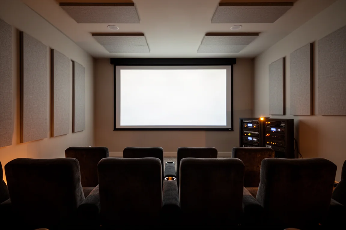 Salle de home cinéma avec deux rangées de sièges, un écran lumineux et un rack d'équipement dans une lumière tamisée
