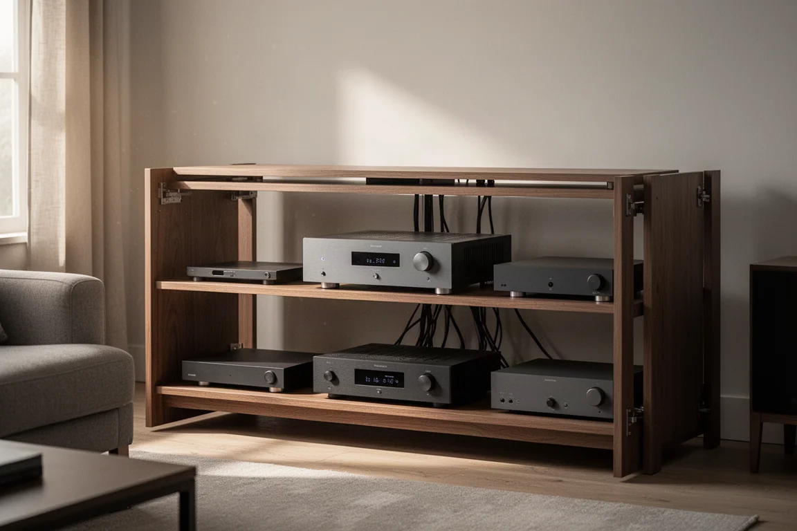 Amplificateur fin sur une étagère médiane d'un rack audio ouvert avec un espace d'air dégagé au-dessus et en dessous