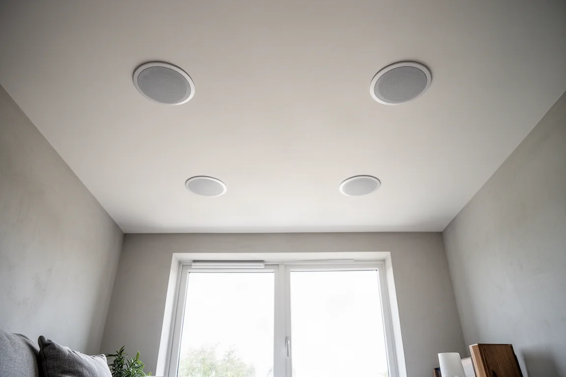 Plafond avec quatre enceintes encastrées disposées en carré dans un salon lumineux et minimaliste