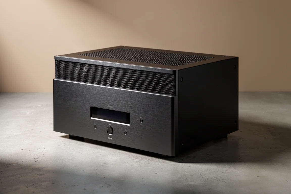 Sixteen channel home theater power amplifier in a dark brushed metal chassis on a concrete surface