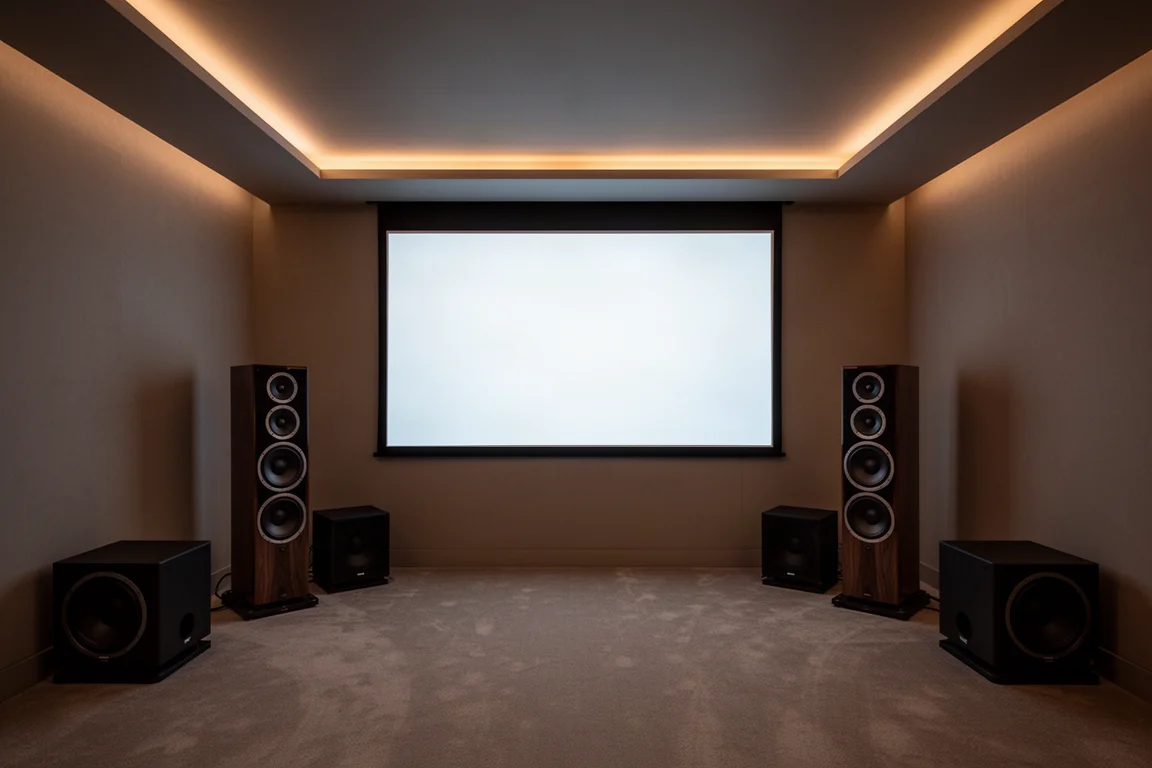 Sala de cine en casa en penumbra con torres, subwoofers y una pantalla apagada con un leve resplandor
