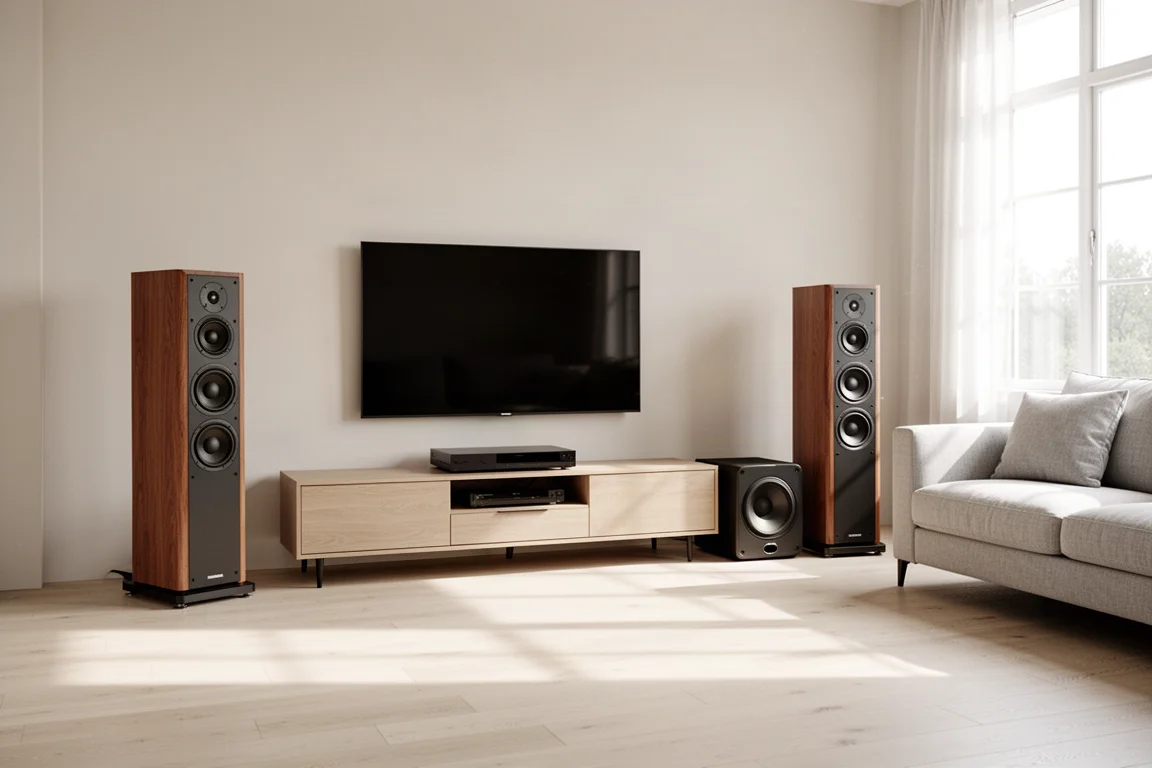 Salón moderno con grandes torres y un subwoofer a la luz del día