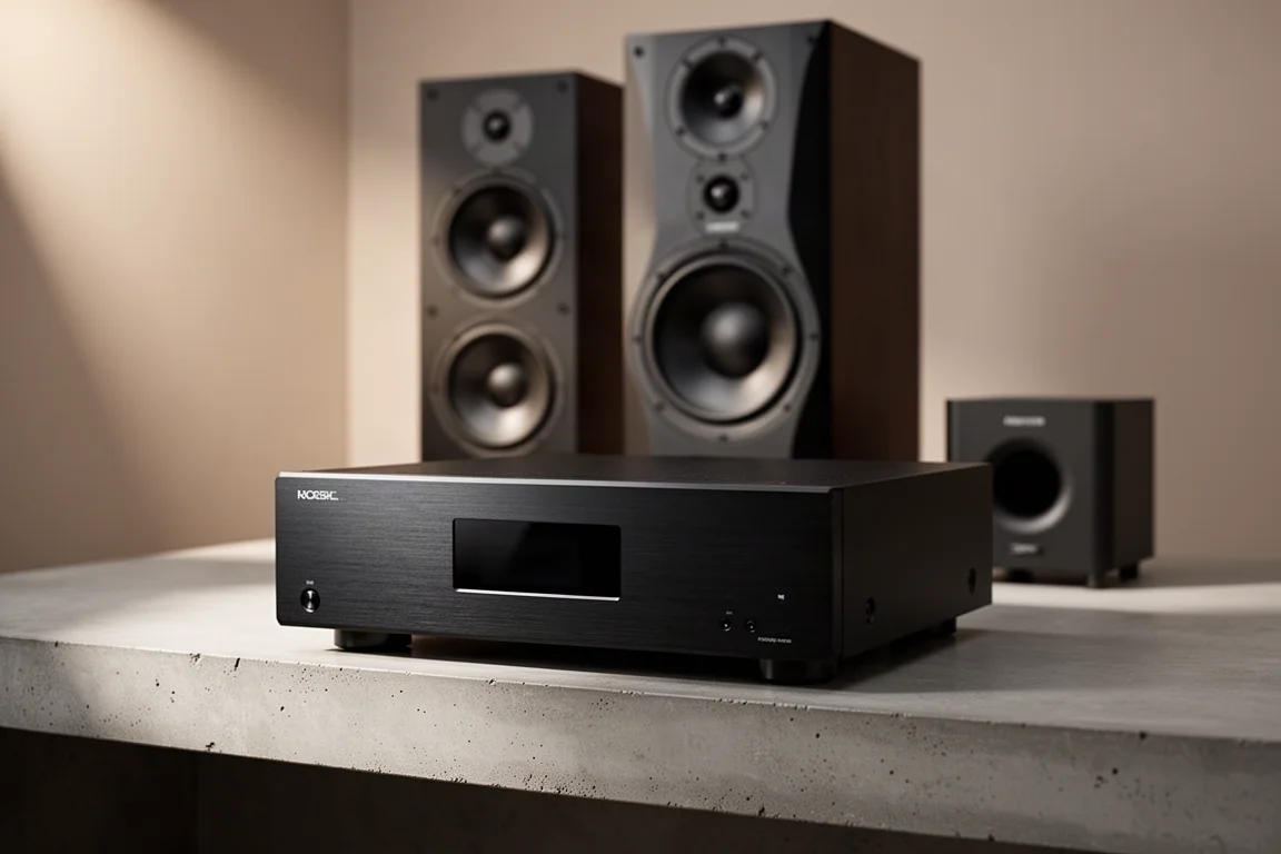 Black AV processor on a concrete shelf with tower speakers and a subwoofer behind it