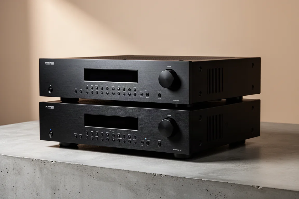 Full-width AV processor and multichannel power amplifier side by side on a concrete surface