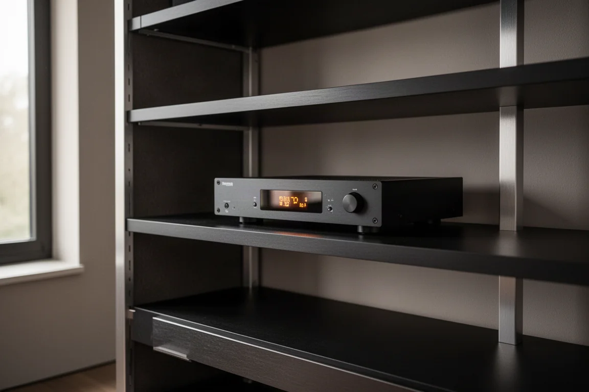 Black home theater AV processor with brushed metal front panel on a concrete surface