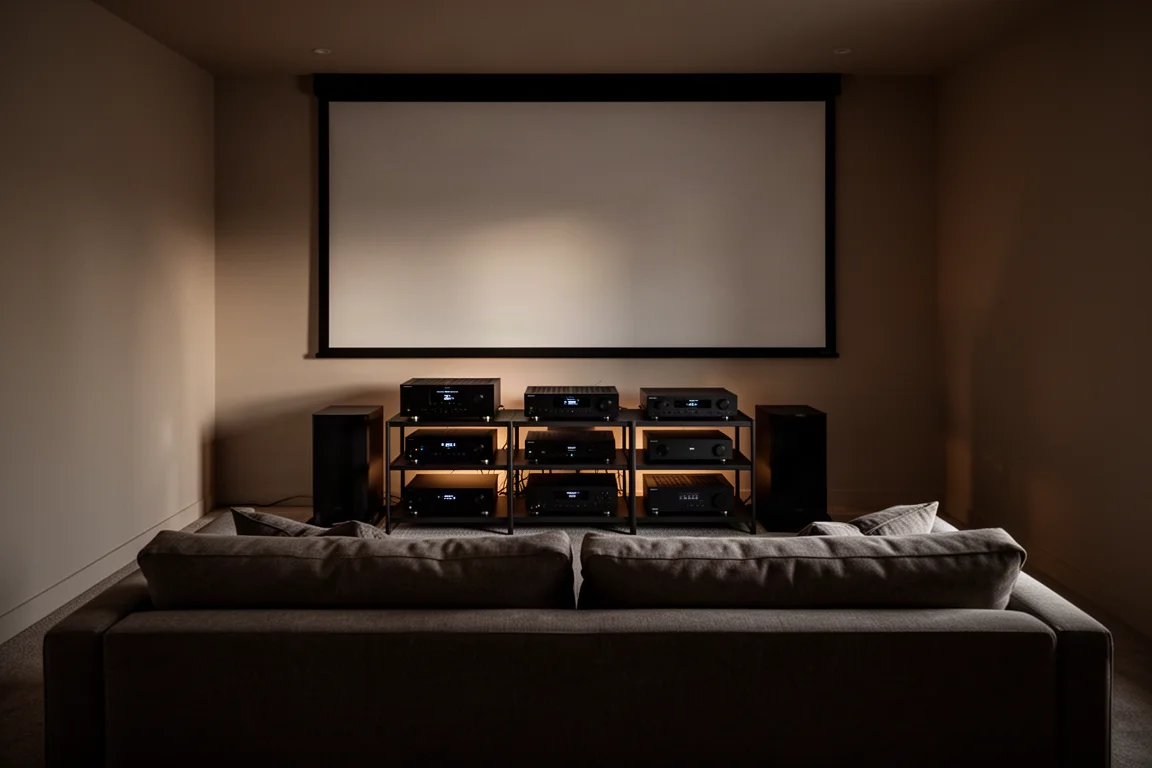 Heimkino-Rack mit zwei schwarzen Einzelgeräten auf getrennten Regalböden in einem dunklen Raum