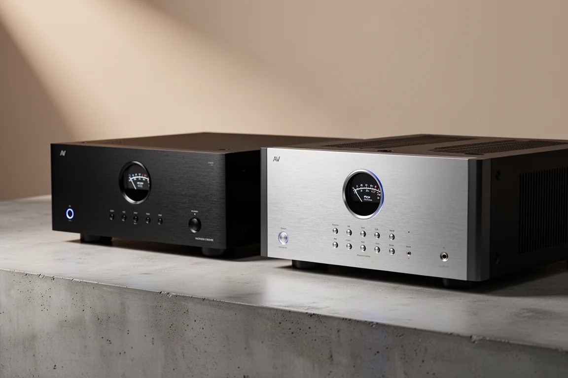 Marantz AV20 processor and AMP 20 amplifier stacked on a concrete surface