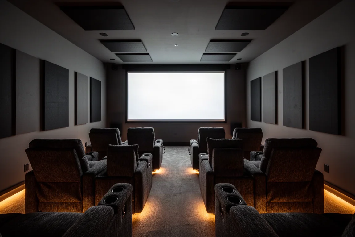 Dark home theater room with rows of seats, acoustic panels, and a glowing projection screen