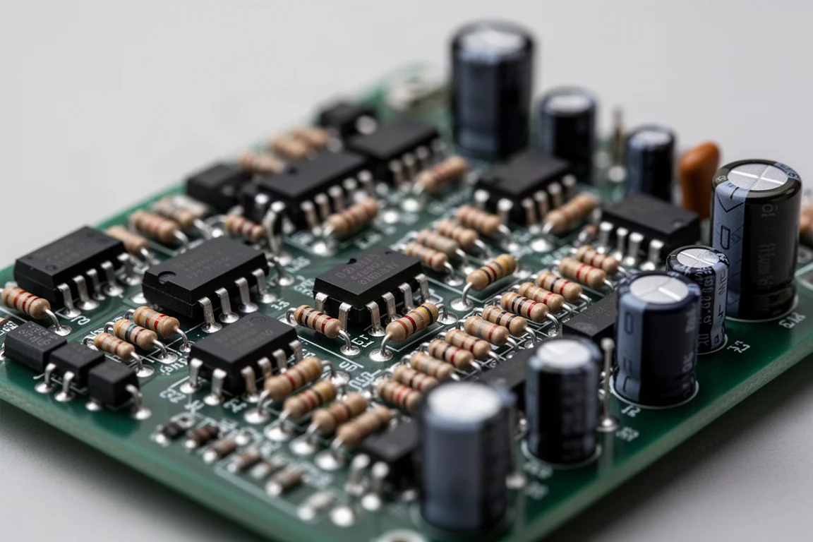 Close-up of a densely populated audio circuit board with discrete components and capacitors