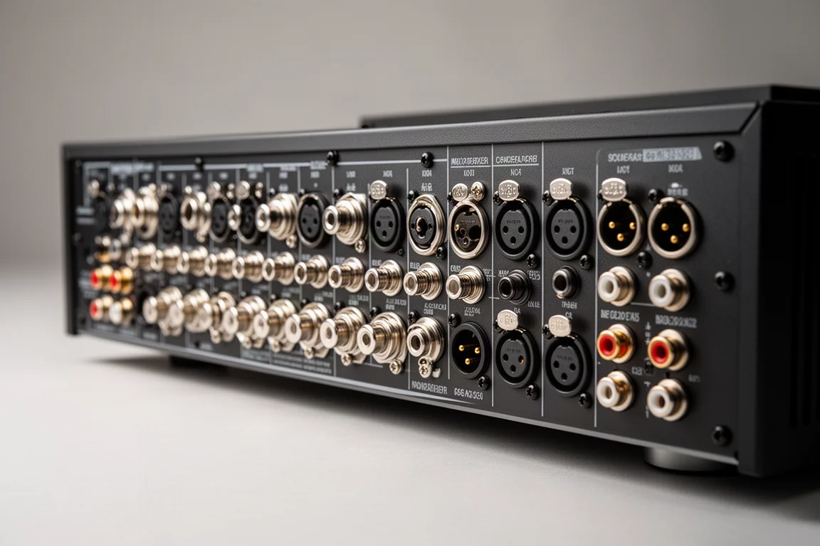 Rear panel of a multi-channel amplifier with binding posts and XLR connectors