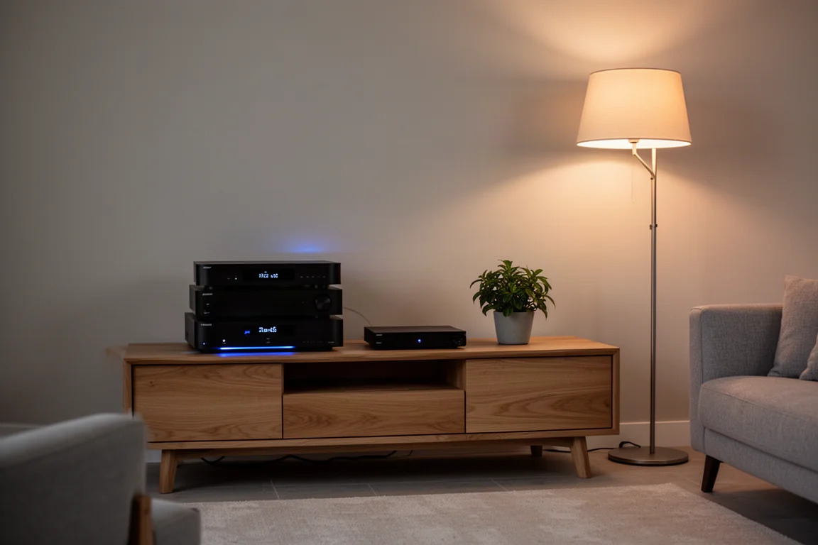 Living room media console at dusk with stacked home theater components and warm lamp light