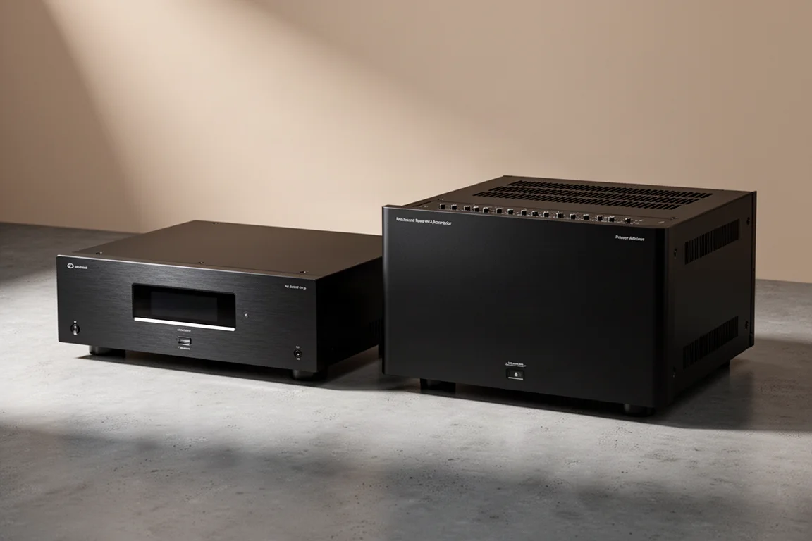 Black AV surround processor and multi-channel power amplifier side by side on concrete
