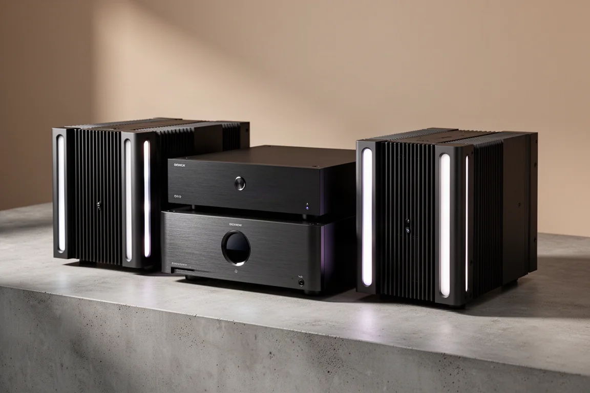 Marantz AV30 processor and two matching power amplifiers on a concrete surface