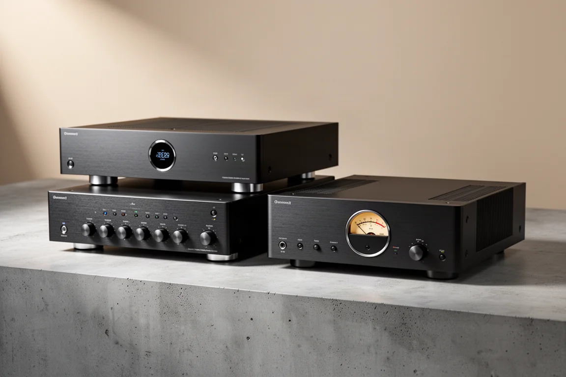 Slim black AV preamplifier and low-profile power amplifier side by side on a concrete surface